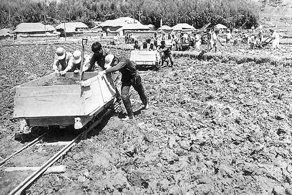 땅힘을 높이기 위한 객토작업 광경(1969년)