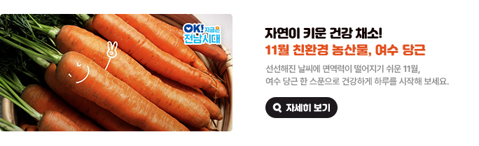 자연이 키운 건강 채소! 11월 친환경 농산물, 여수 당근 선선해진 날씨에 면역력이 떨어지기 쉬운 11월, 여수 당근 한 스푼으로 건강하게 하루를 시작해 보세요. OK! 지금은 전남시대 자세히 보기(새 창 열림)