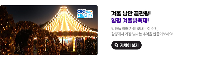 겨울 낭만 끝판왕! 함평 겨울빛축제! 밤하늘 아래 가장 빛나는 이 순간, 함평에서 가장 빛나는 추억을 만들어보세요! OK! 지금은 전남시대 자세히 보기(새 창 열림)