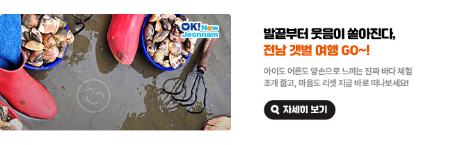발끝부터 웃음이 쏟아진다 전남 갯벌 여행 GO~! 아이도 어른도 양손으로 느끼는 진짜 바다 체험. 조개 줍고, 마음도 리셋 지금 바로 떠나보세요! 자세히 보기(새 창 열림)
