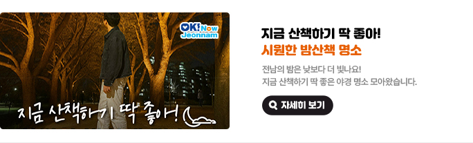 지금 산책하기 딱 좋아! 시원한 밤산책 명소. 전남의 밤은 낮보다 더 빛나요! 지금 산책하기 딱 좋은 야경 명소 모아왔습니다. 자세히 보기(새 창 열림)