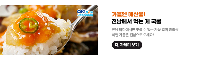 가을엔 해산물! 전남에서 먹는 게 국룰. 전남 바다에서만 맛볼 수 있는 가을 별미 총출동! 이번 가을은 전남으로 오세요! 자세히 보기(새 창 열림)