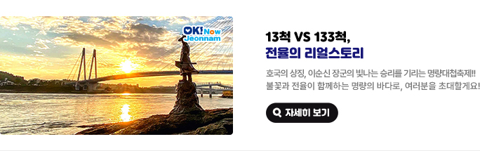 13척vs133척, 전율의 리얼스토리. 호국의 상징, 이순신 장군의 빛나는 승리를 기리는 명량대첩축제!! 불꽃과 전율이 함께하는 명량의 바다로, 여러분을 초대할게요! 자세히 보기(새 창 열림)