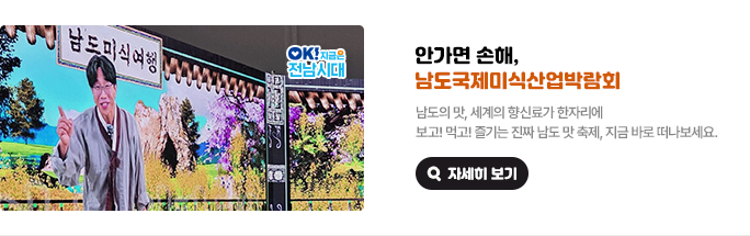 안가면 손해, 남도국제미식산업박람회. 남도의 맛, 세계의 향신료가 한자리에 보고! 먹고! 즐기는 진짜 남도 맛 축제, 지금 바로 떠나보세요. OK! 지금은 전남시대 자세히 보기(새 창 열림)