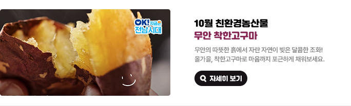 10월 친환경농산물 무안 착한고구마. 무안의 따뜻한 흙에서 자란 자연이 빚은 달콤한 조화! 올가을, 착한고구마로 마음까지 포근하게 채워보세요. OK! 지금은 전남시대 자세히 보기(새 창 열림)
