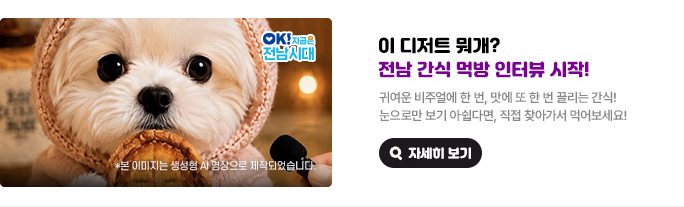 이 디저트 뭐개? 전남 간식 먹방 인터뷰 시작! 귀여운 비주얼에 한 번, 맛에 또 한 번 끌리는 간식! 눈으로만 보기 아쉽다면, 직접 찾아가서 먹어보세요! * 본 이미지는 생성형 AI 영상으로 제작되었습니다. OK! 지금은 전남시대 자세히 보기(새 창 열림)