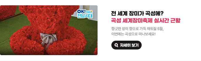 전 세계 장미가 곡성에? 곡성 세계장미축제 실시간 근황. 향긋한 장미 향으로 가득 채워질 5월, 이번에는 곡성으로 떠나보세요! OK! 지금은 전남시대 자세히 보기(새 창 열림)